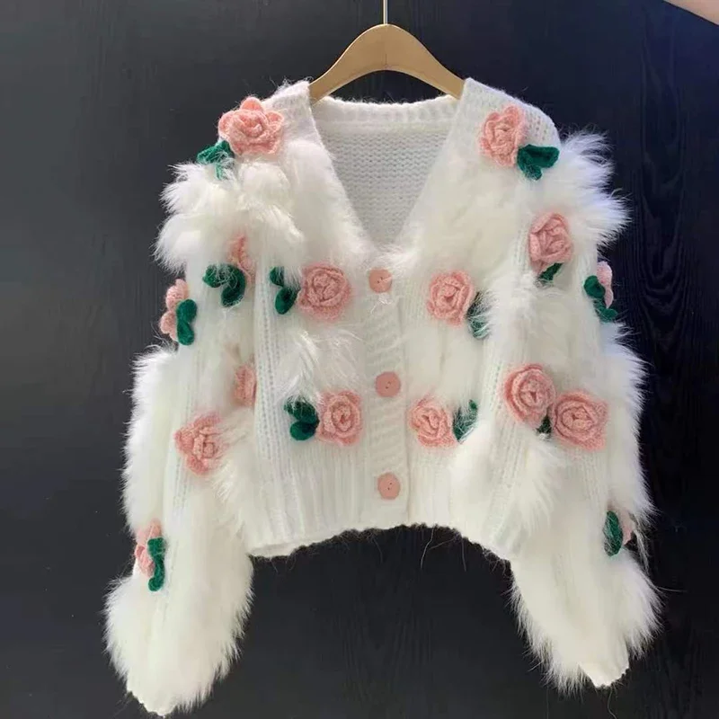 Cropped Knitted Cardigan Women Y2K 3D Flower Sweater Coat Streetwear Oversized Knitwear Jacket Winter Jumpers Outwear L204