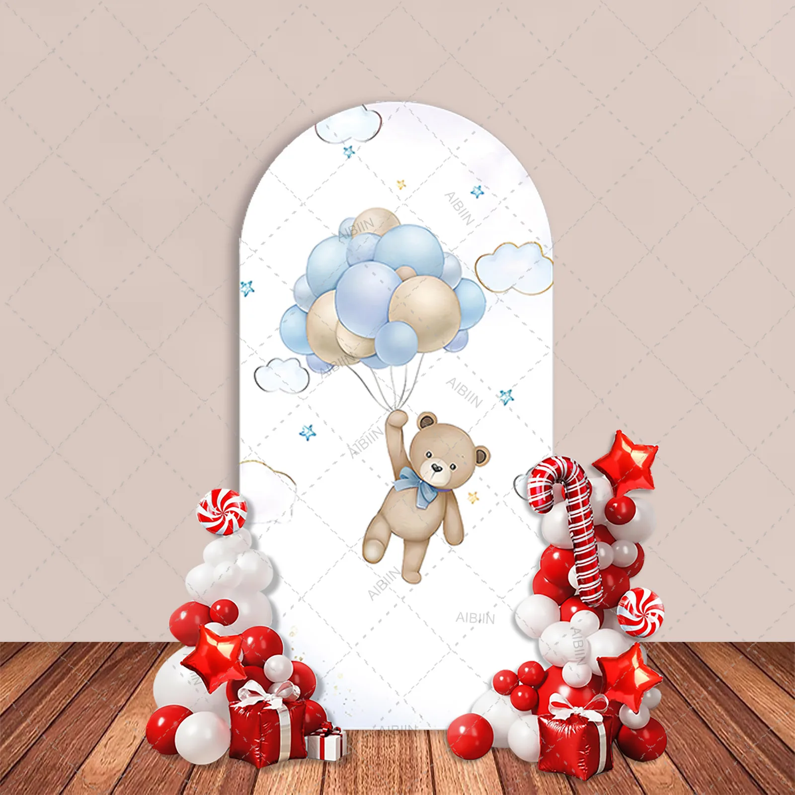 Happy Birthday Arch Backdrop Cover Hot Air Balloons Cute Bear Stars Cloud Arch Elastic Wall Background Boy Birthday Party Decor