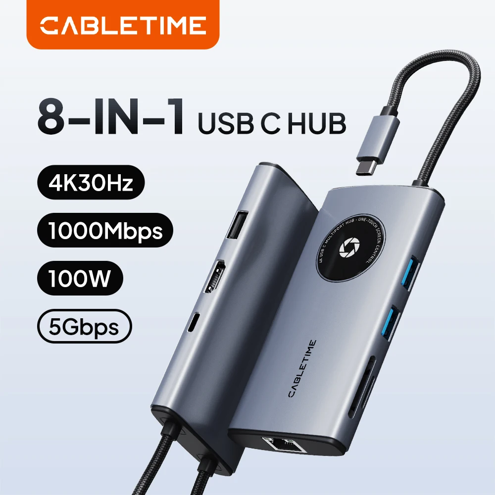 

CABLETIME USB-концентратор 8-в-1 Type-C 4K с HDMI, PD100W, кардридером SD/TF, LAN и USB 3.0 5 Гбит/с для ноутбуков MacBook Pro/Air