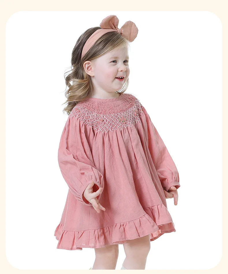 Kids Dress 2024 New Handmade Smocked Design Dress Girls Cute vintage Long Sleeve Pink Smocking Dresses frocks Children Vestido