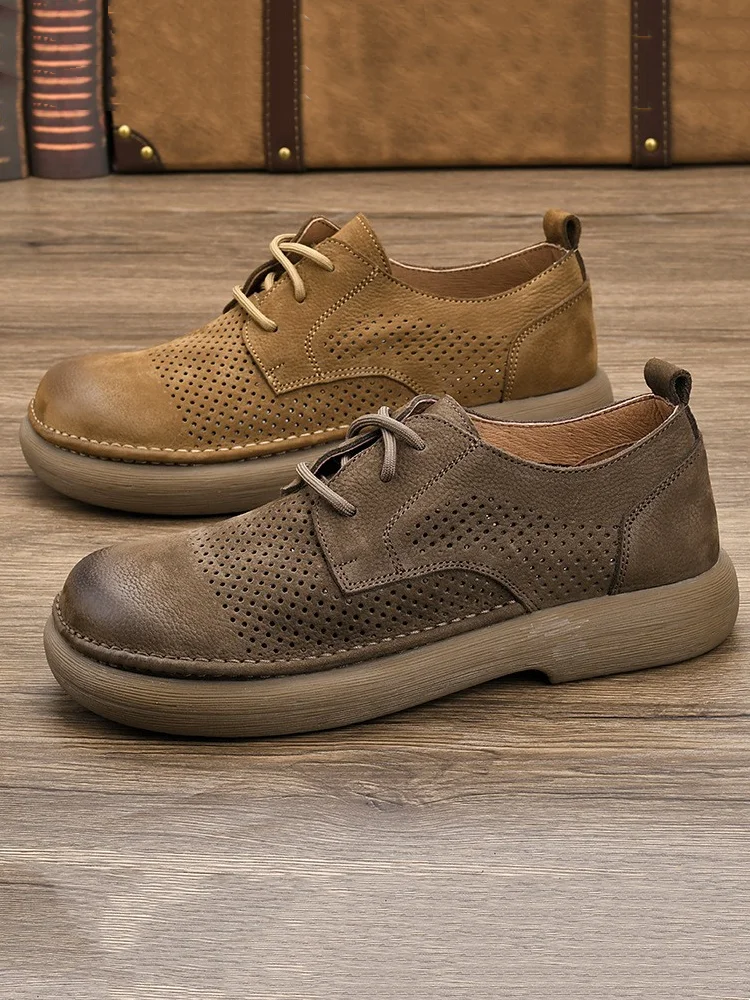 

Handmade Genuine Leather Matte Fini Breathable Lace-Up Casual oes Hollow out Design Spring Summer New Sle Cowhide Loers
