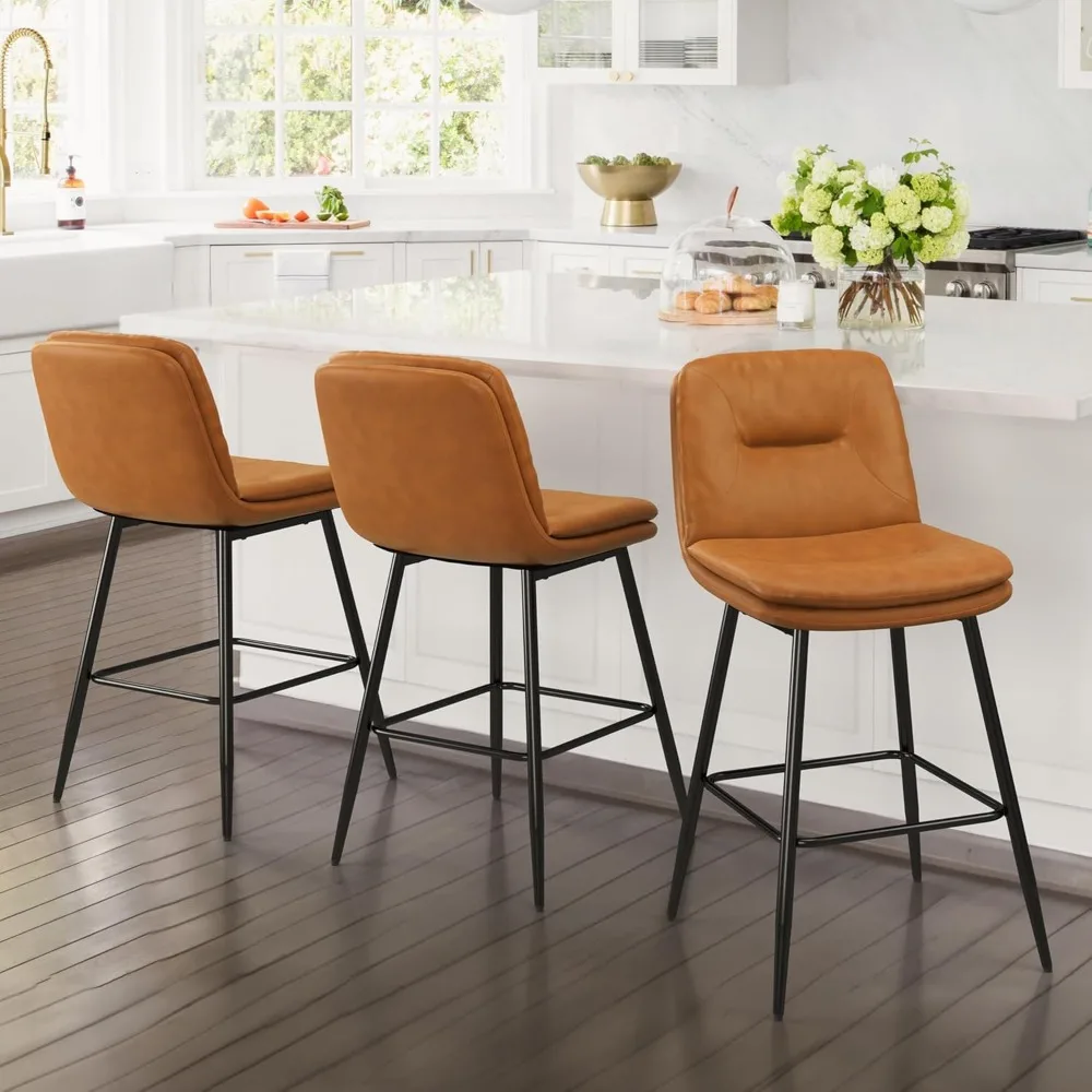 

24 Inch Bar Stools Set of 3, Double-Layer Counter Height Bar Stools for Kitchen Island, Upholstered Faux Leather Barstool