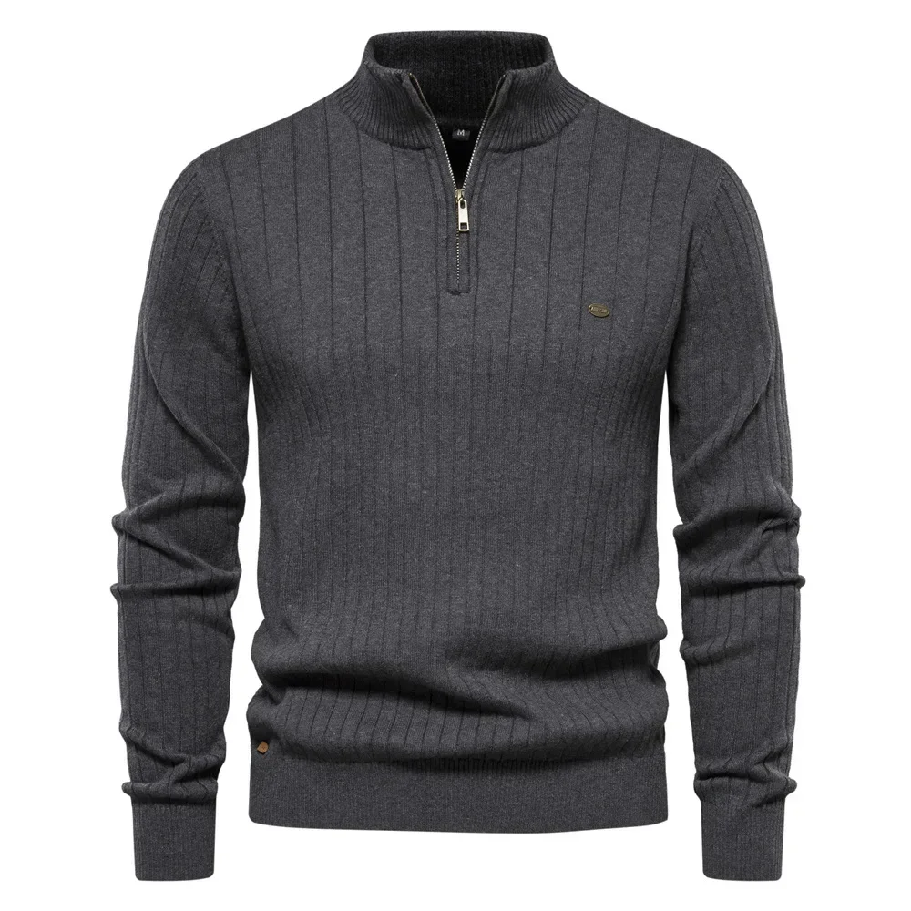 

2025.Men Stand Collar Zipper Pullovers Sweaters Knitted Tops Full Sleeve Casual Regular Solid Knit Top