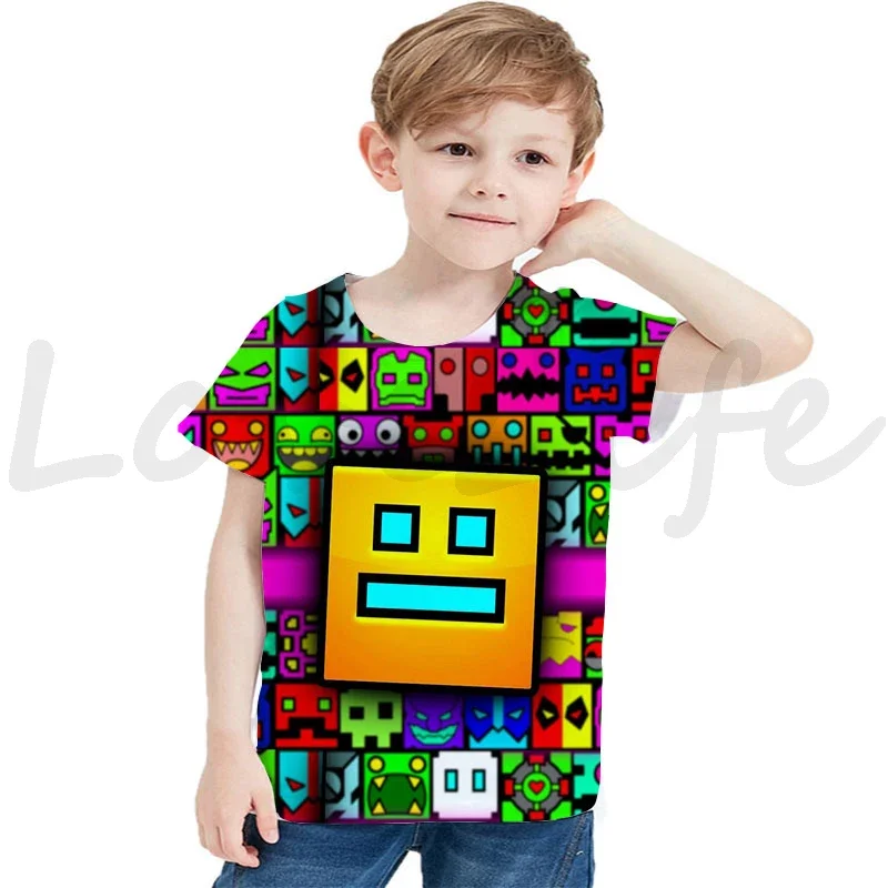 Children's T-shirt Angry Geometry Dash Print T Shirt Summer Boys Girls T-Shirts Camiseta Kids Clothing 3D Cartoon Games Tops Tee