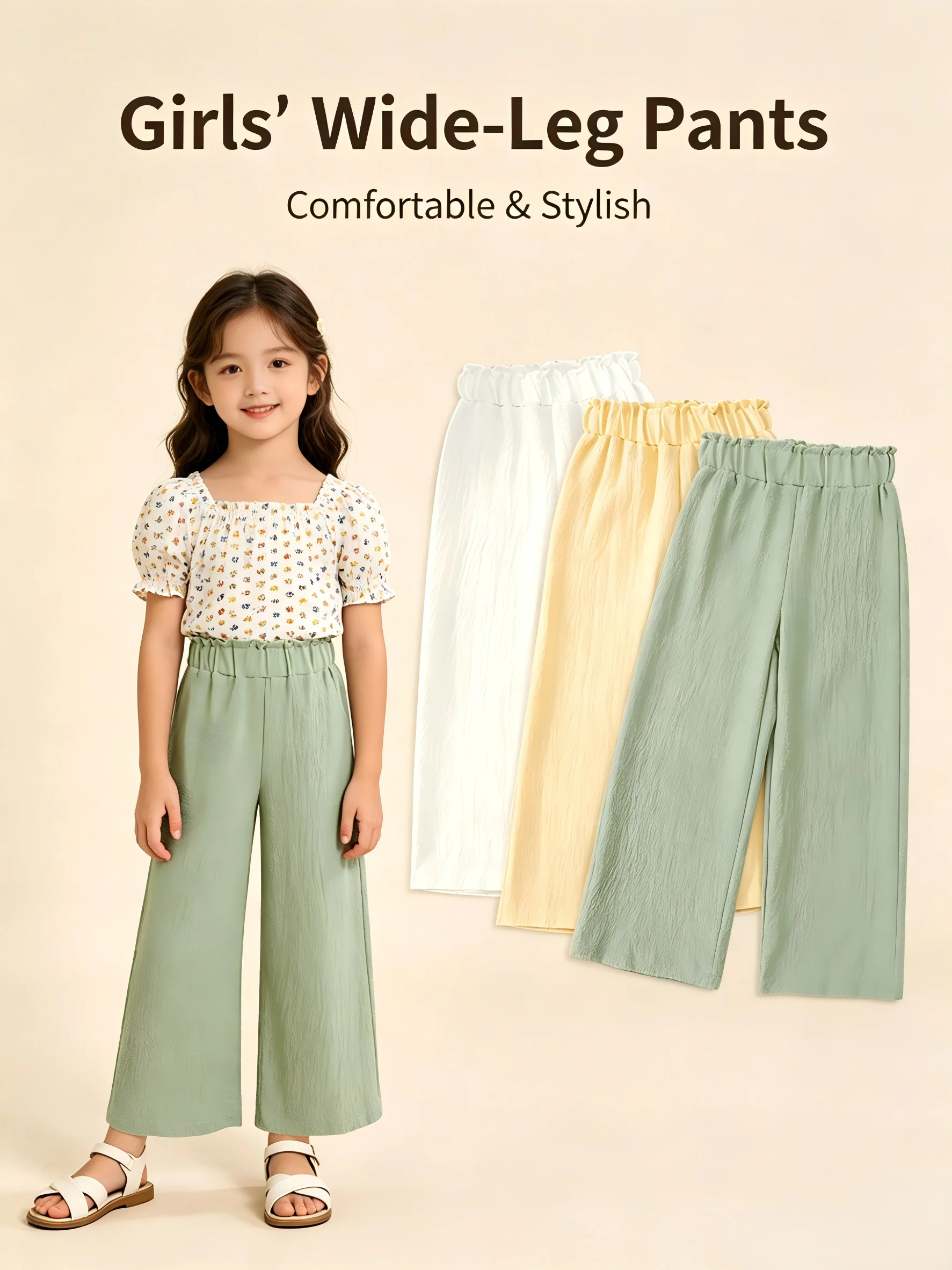 3-Pack Girls High Waist Wide Leg Pants 2-11Y Soft Breathable Casual Kids Trousers For Summer, School & Daily Outdoor Wear