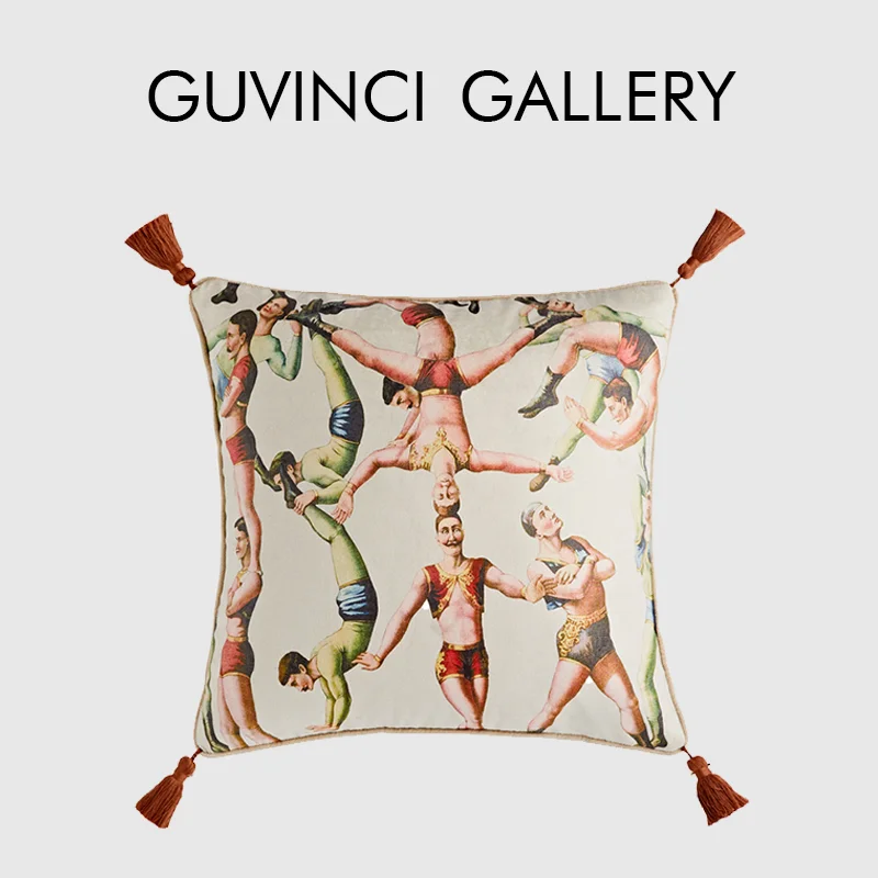 

GUVINCI GG Style Inspired Retro Cushion Covers With Tassels Circus Theme Print Handmade Luxury Pillow Case Mid Modern Home Decor