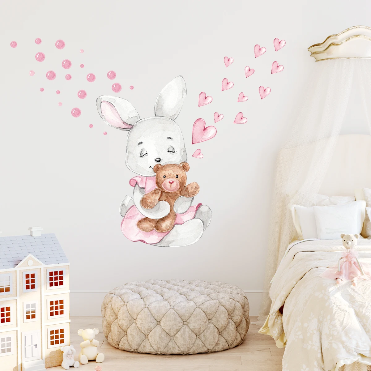 만화 동물 사랑 토끼 벽 스티커, 침실 소녀 선물, 벽 데칼, 아이 방 장식, 집 DIY 거실, 1PC