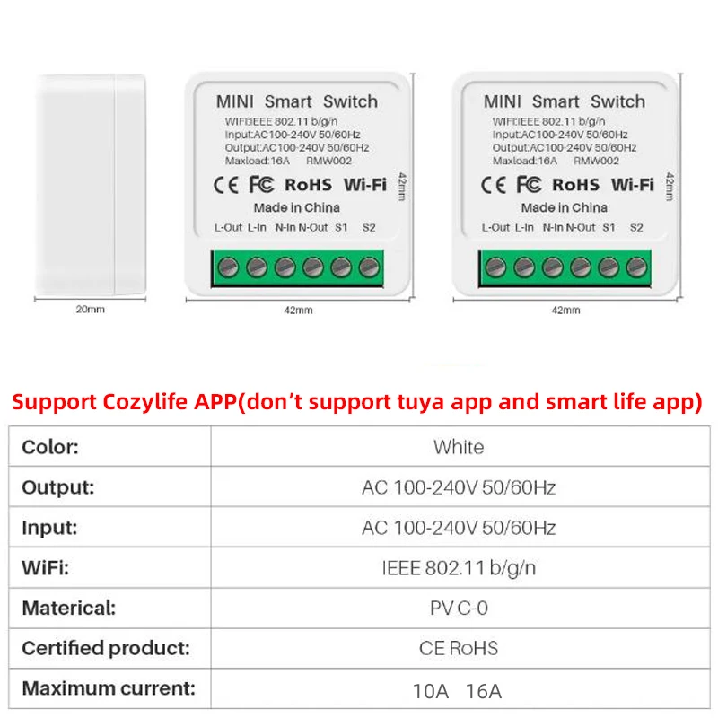 Smart Wifi Switch 16A Smart Home Light Switches Module 2 Way Control Cozylife APP Works With Alexa Google Home Alice Smartthings