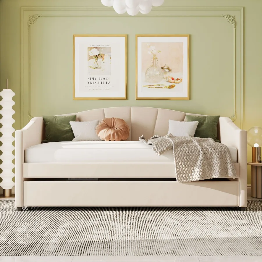 

Upholstered Daybed Sofa Bed Twin Size With Trundle Bed and Wood Slat