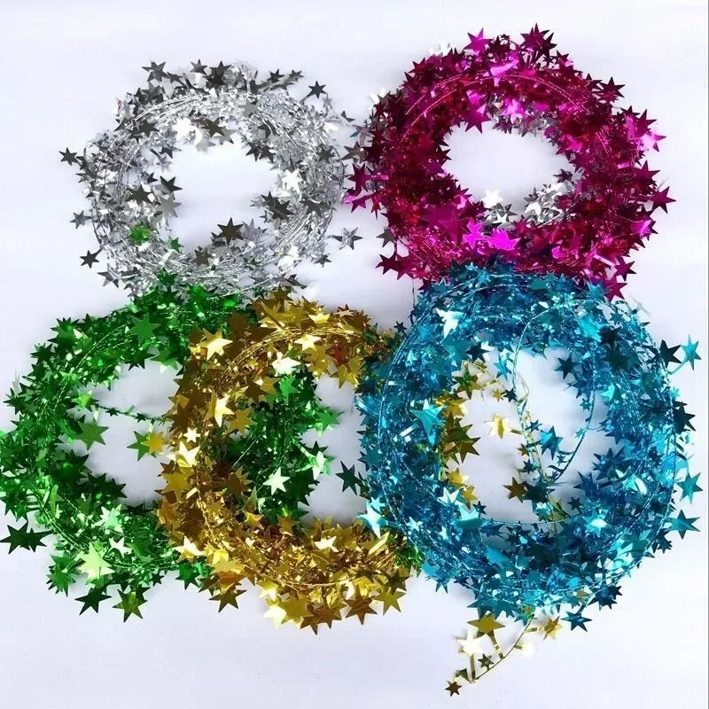 2Pcs Christmas Tree Pendant Wire Glitter Five-pointed Star Garland Home Decoration with Pull Flower Zipper Leaf
