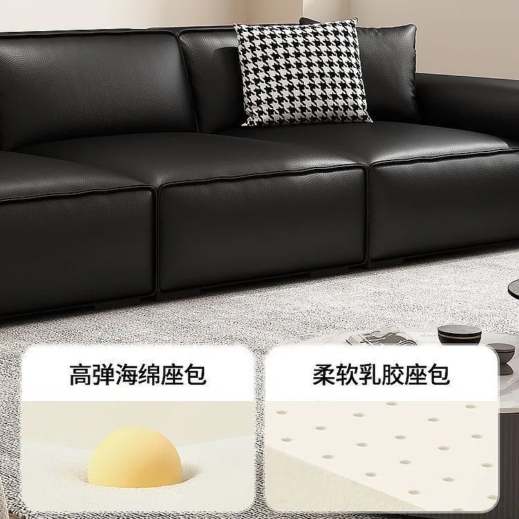 Big black cow leather sofa living room simple small apartment Italian minimalist first layer cowhide straight row tofu block