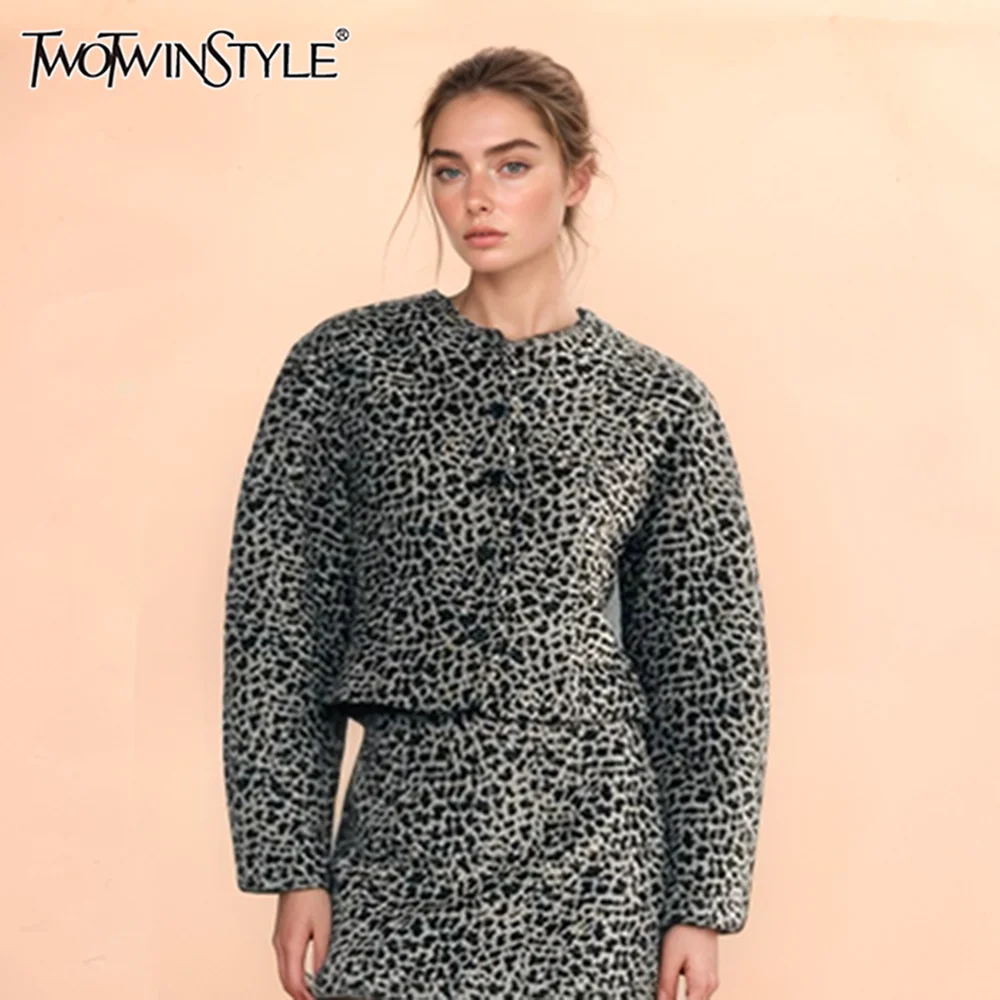 TWOTWINSTYLE Hit Color Printing Two Piece Set For Women O Neck Long Sleeve Coat High Waist Skirts Chic Sets Female Fashion New