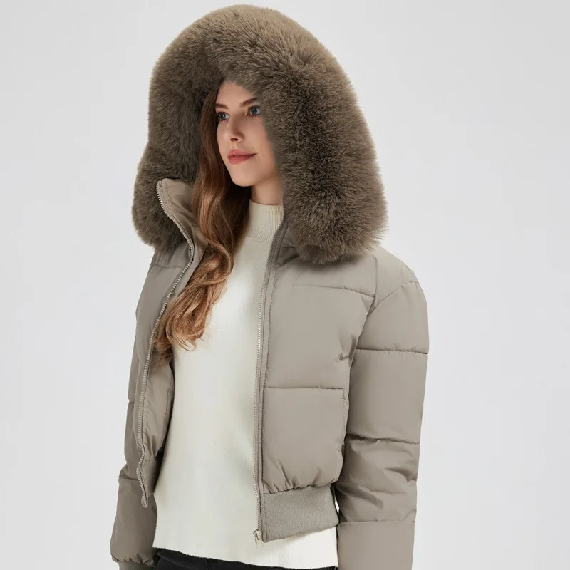 2026 Thicken Short Women's Winter Jacket Korean Style Down Cotton Coat Casual Warm Fur Hooded Cropped Parkas Chic Streetwear