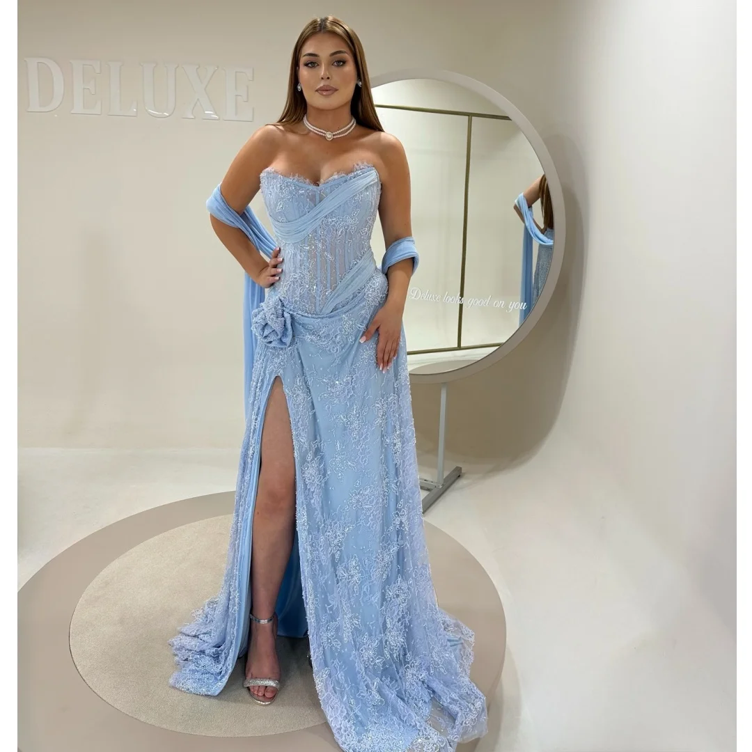 

Light Blue Lace Evening Dresses Bustier Corset Side Slit Prom Dress Luxury Party Gown Plus Size Gala Vestidos Customized