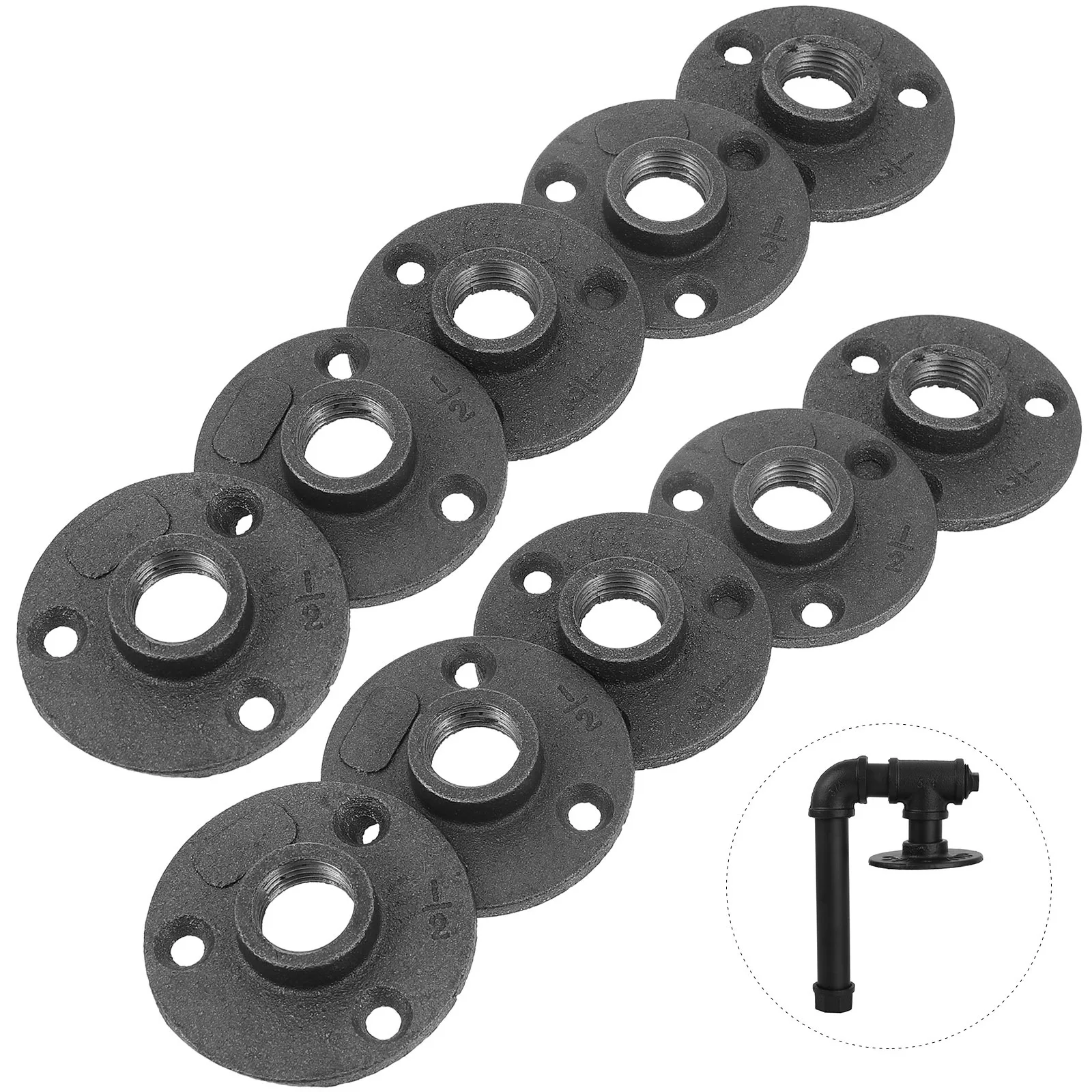 

10Pcs Flange Fixed Base Industrial Style Malleable Iron Fittings for Floor Mount Shelf Rack Wood Board Wall Installation