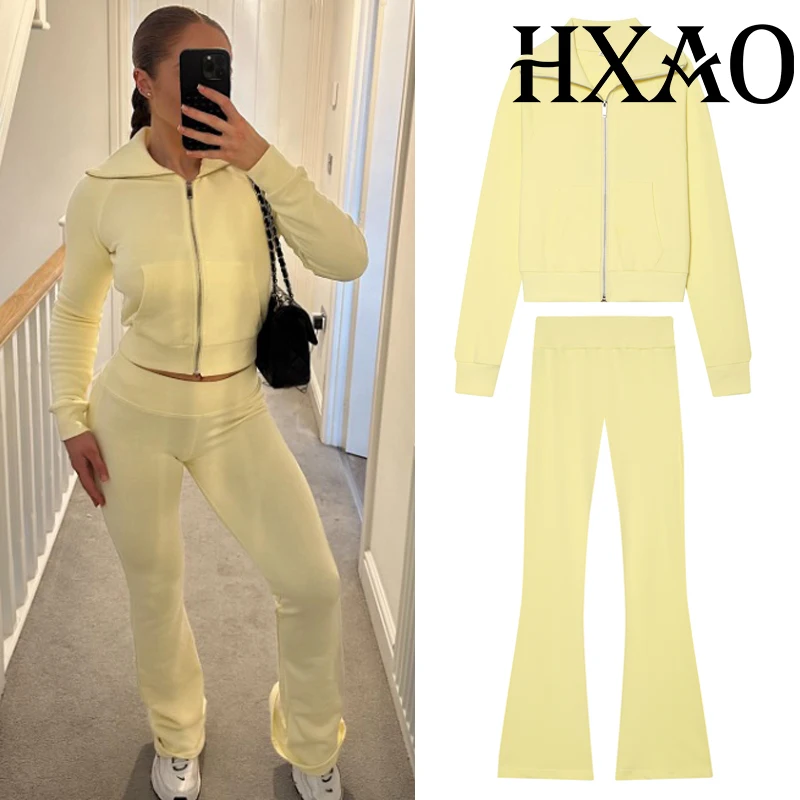 HXAO Schlaghosen-Sweatshirt-Set, 2-teiliges Set, bauchfreies Langarm-Oberteil, enge Bootcut-Hose, zweiteiliger Anzug, Damen-Trainingsanzug-Set