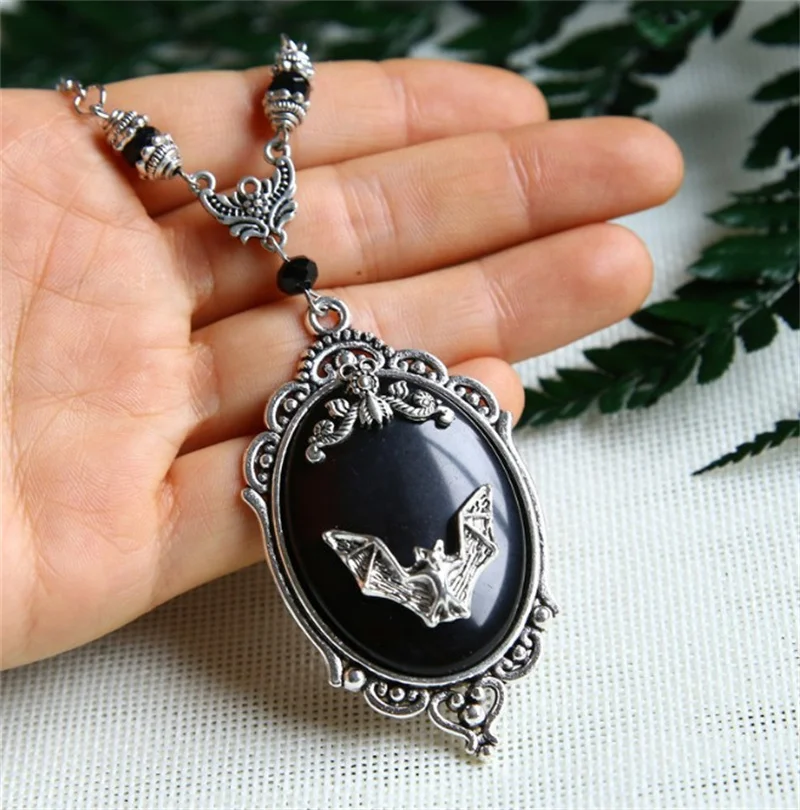 Gothic Vampire Bat Sweater Necklace Silver Plated Framed Bat Cameo Necklace Halloween Witch Crystal Necklace Gift for Bat Lover