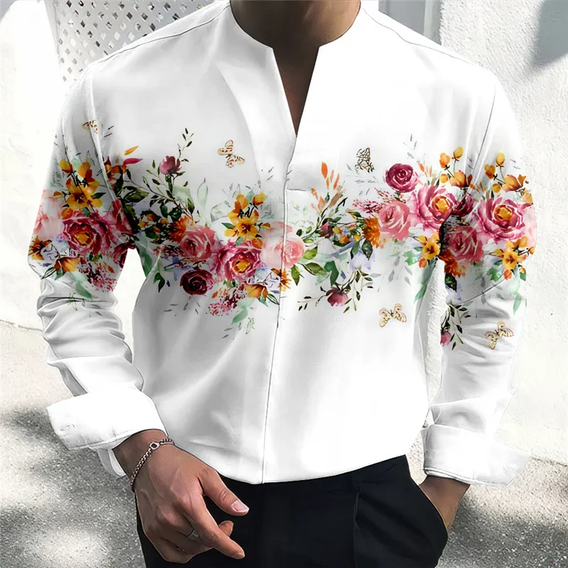 Men\'s Shirt Floral Graphic Prints Stand Collar Outdoor Street Long Sleeve Print Clothing Apparel Fashion Designer Casual Comfort