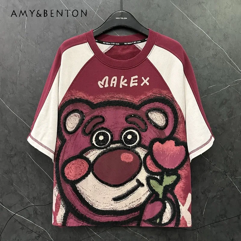 

Heavy Industry Cartoon Color Block Short Sleeves Tees T-shirt Ladies Loose Casual Cute Versatile Top Autumn New Sweet Y2k Tshirt