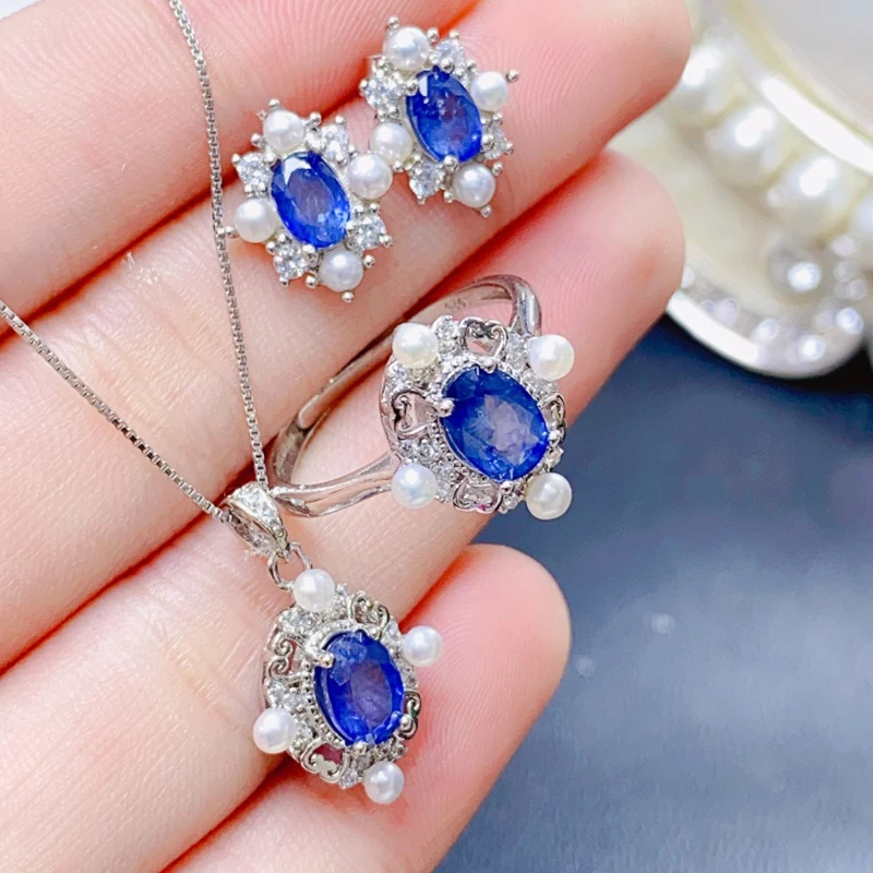 Natural Sapphire jewelry sets for women rings earrings pendant silver 925  luxury gem stones 18k gold plated free shiping items