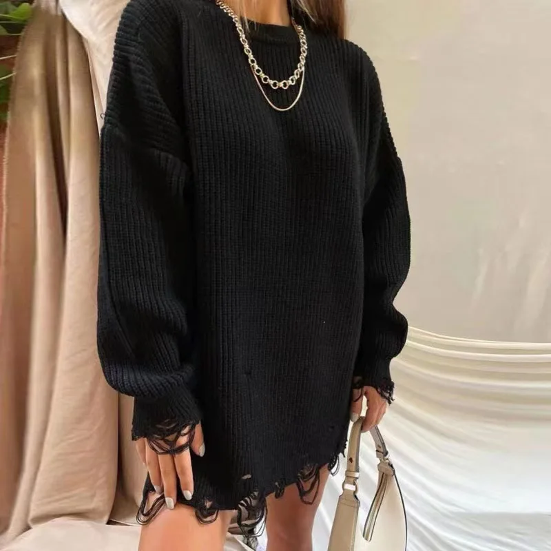 Long Sleeve Top Knitted Korean Fashion Long Sweaters Vintage Clothes Drop Shoulder Tops Ripped Pullovers Knitwear Hollow Out