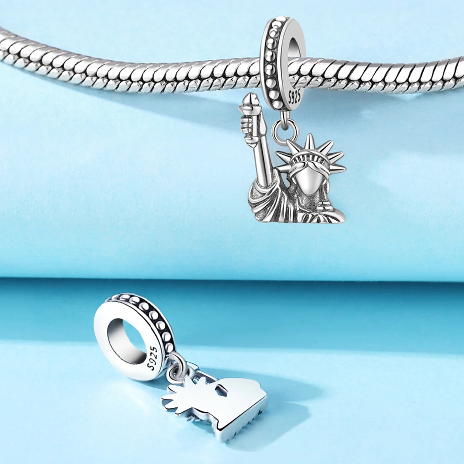 Originale S925 Sterling Silver Heart Simbolo fortunato Statua della Libertà Ciondolo Perline Braccialetti adatti Collana Regali per feste fai da te Gioielli