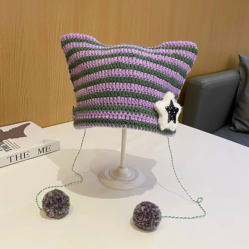 Crochet Cute Cat Y2K Cute Y2K Beanie Hat Striped Devil Ear Cat Star Devil Hat Autumn Winter