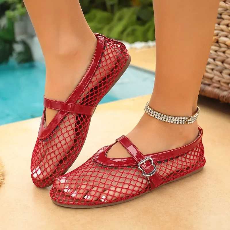 In Summer, Wear Round Toe, Straight Buckles, Casual and Comfortable, Women's Flats, Cut-out Mary Jane Single Shoes,fishnet Shoes