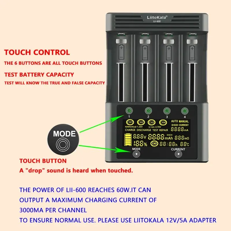 Liitokala Lii-600 Acculader Voor Li-Ion 3.7V En Nimh 1.2V Batterij Geschikt Voor 18650 26650 21700 26700 Aa Aaa 12v5a