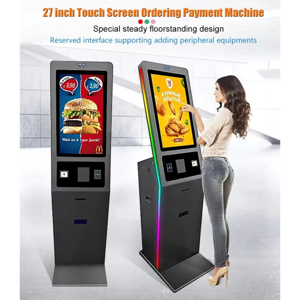 27 Inch Self-Ordering Kiosk with QR Scanner & Thermal Printer, Floor Standing Interactive Touch Screen Food Ordering Machine