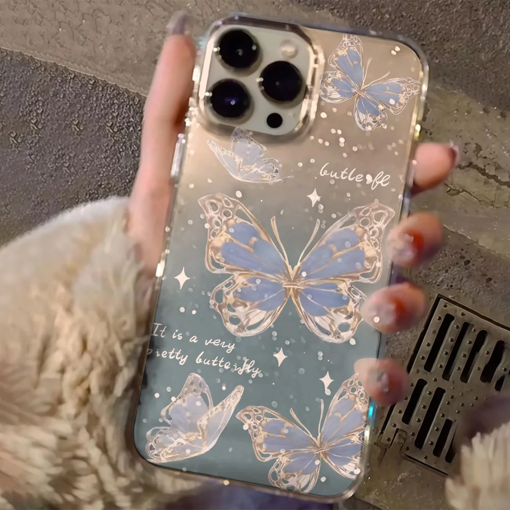 Luxury Blue Butterfly Clear Glitter Phone Case For iPhone 17 13 16 15 11 12 14 Pro Max  XR 17 Air 16e Case Soft Shockproof Cover view 3
