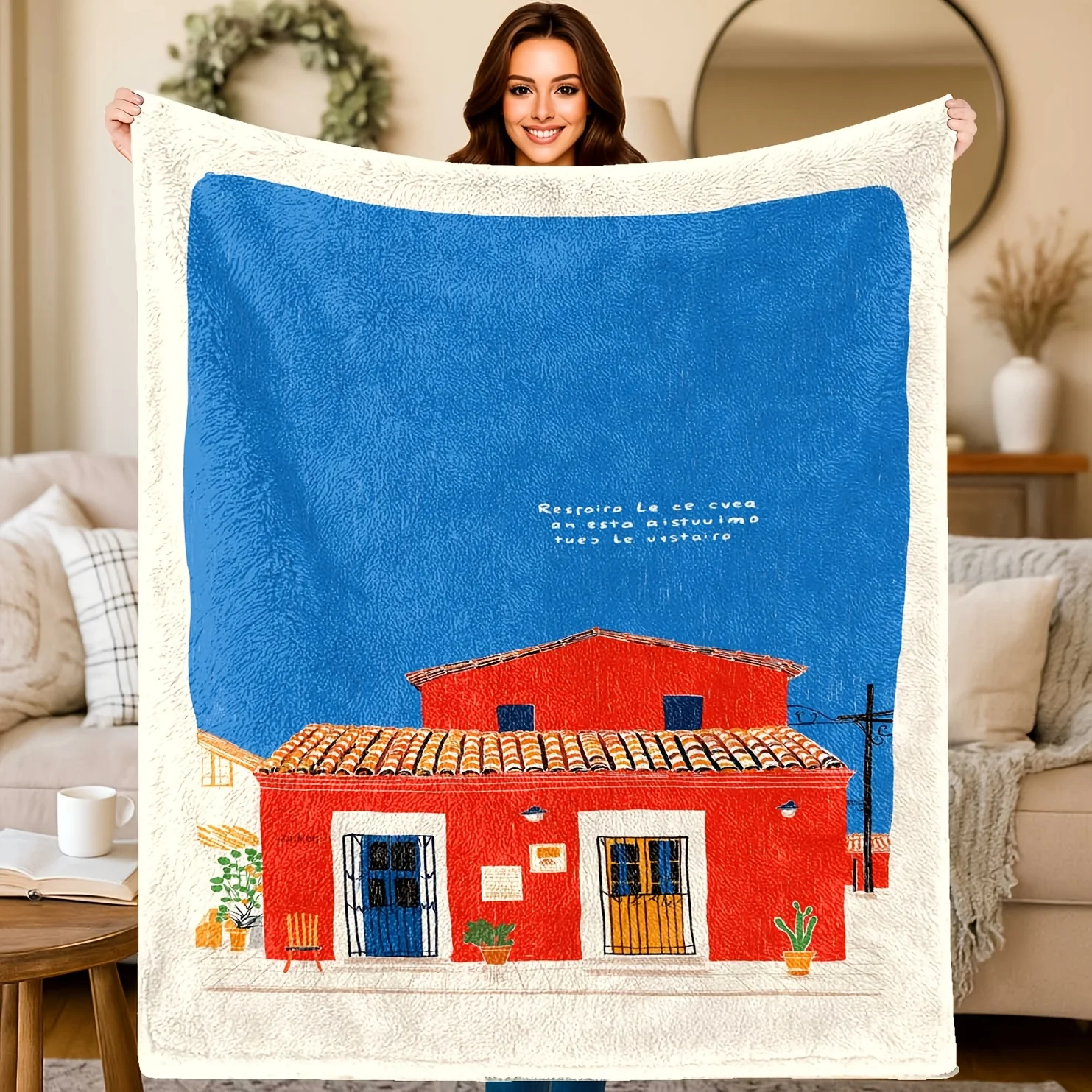 Mediterranean Red Roof House Throw Blanket Blue Sky Landscape Print Soft Cozy Wrap For Travel Lovers And Home Office Decor