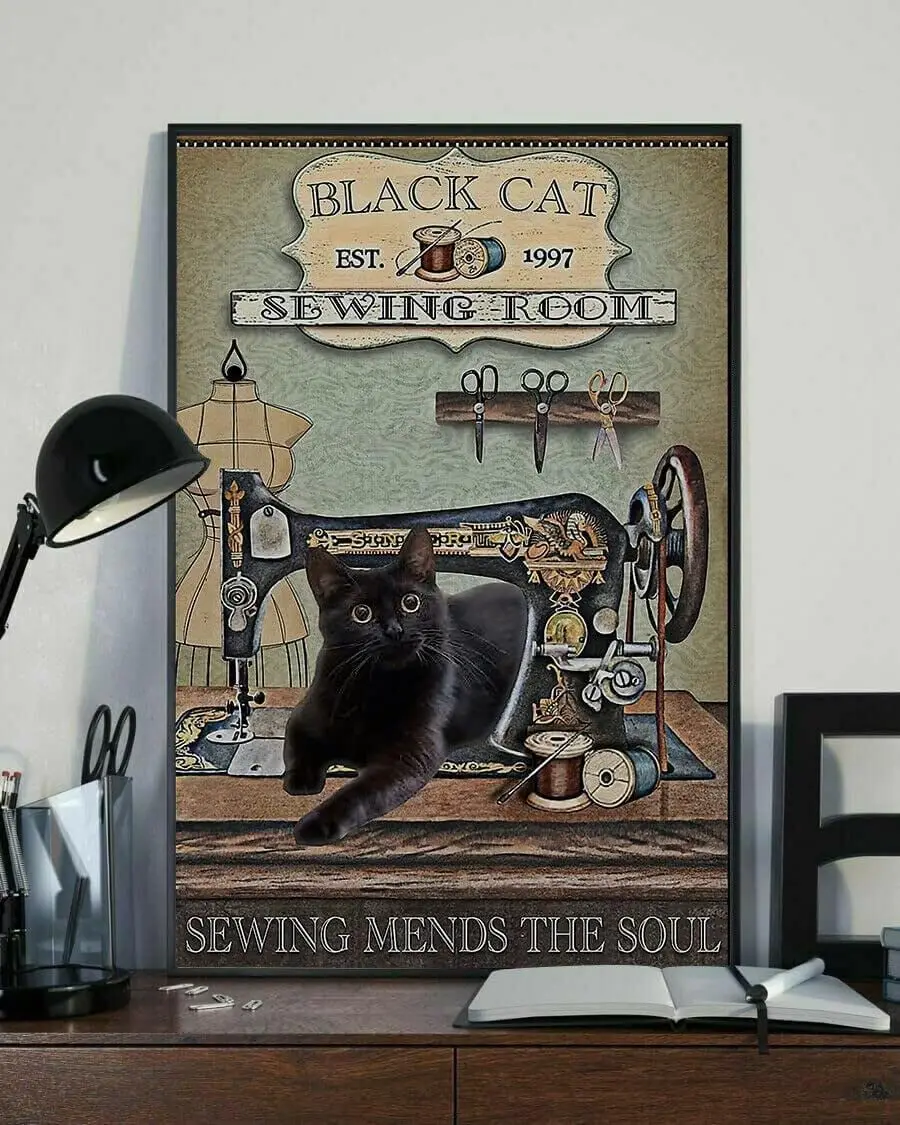 Tin Signs Vintage Black Cat Sewing Room Sewing Mends The Sew Meow Cat Poster Metal Tin Sign Vintage Decoration Garage Home Garde