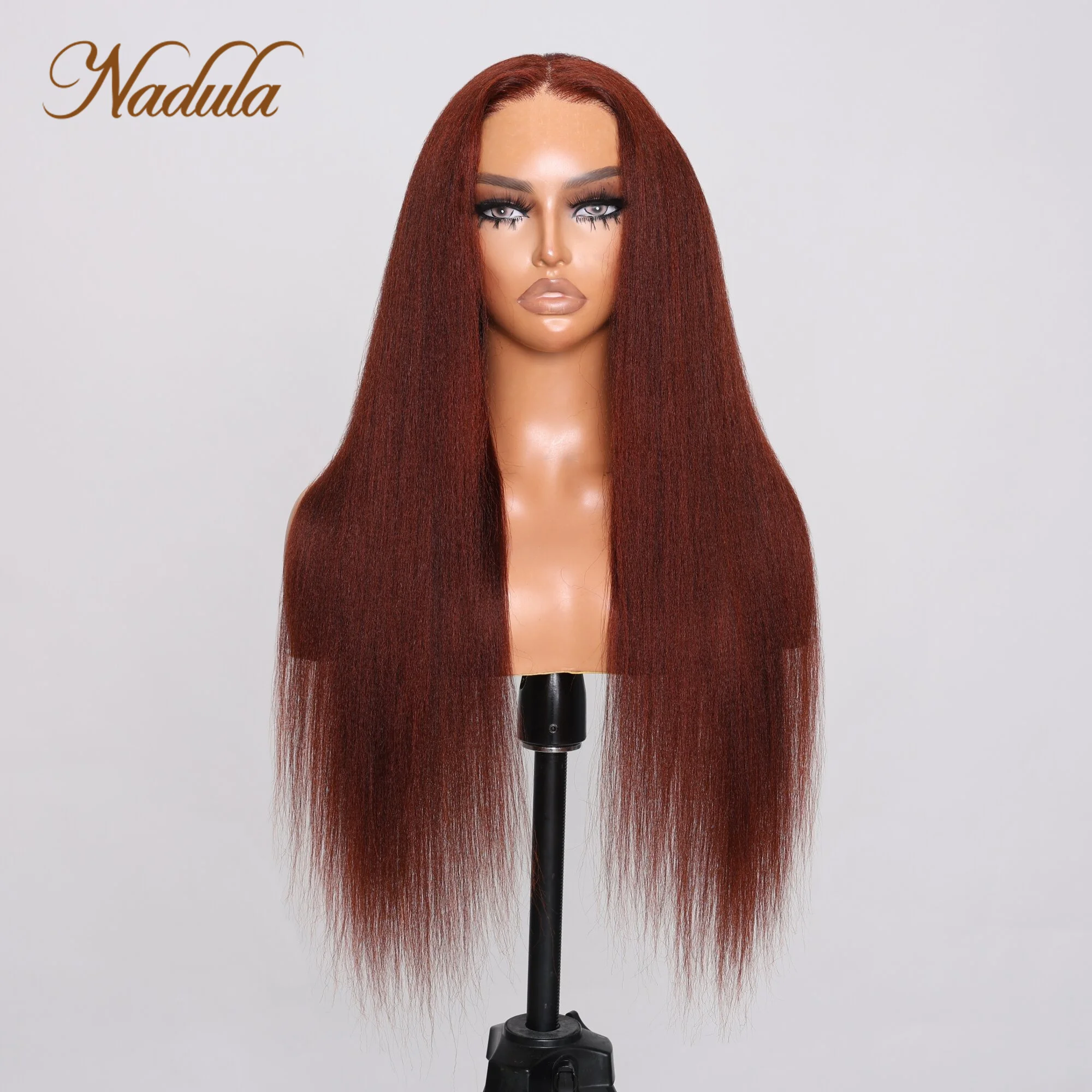 Ｎadula Hair Bye Bye Knots Wig 7x5 Glueless Lace Reddish Brown Yaki Straight Wig With Pre-plucked Hairline Invisible Knots Hair