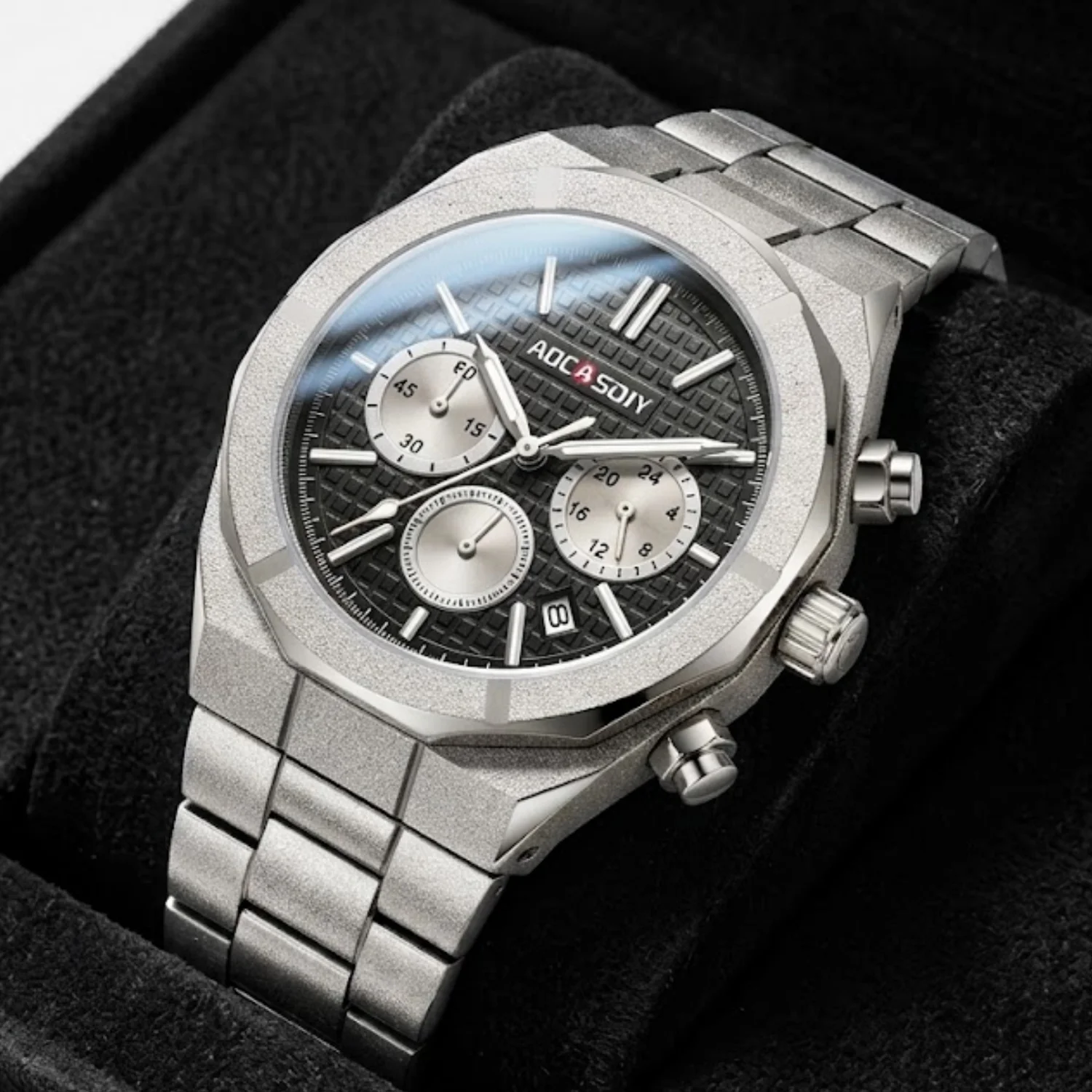AOCASDIY Men's Multifunctional Timing Quartz Watch, Grid Pattern Multifunctional Date Dial, Party Business Men's Festival Gift
