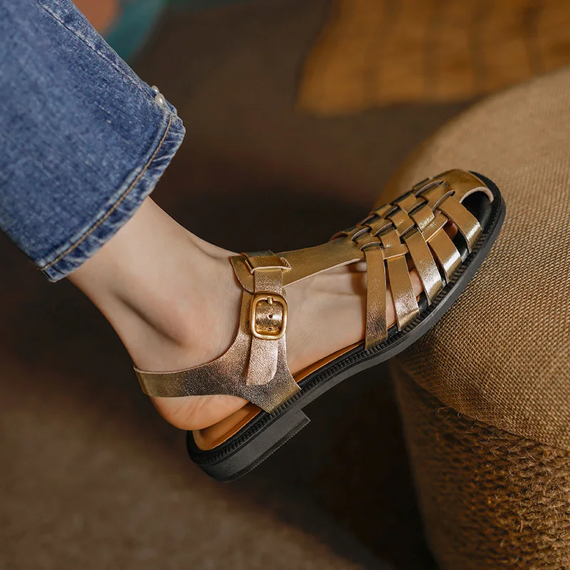 Vintage Gladiator Buckle Strap Roman Style  Siver Gold Sandals Split Leather Spring Shoes Closed Toe Shoes Woman Summer Sandal