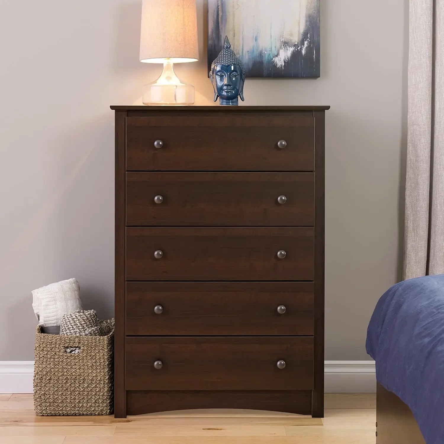 Fremont 5-Drawer Chest and 2 Drawer Nightstand, Espresso Finish