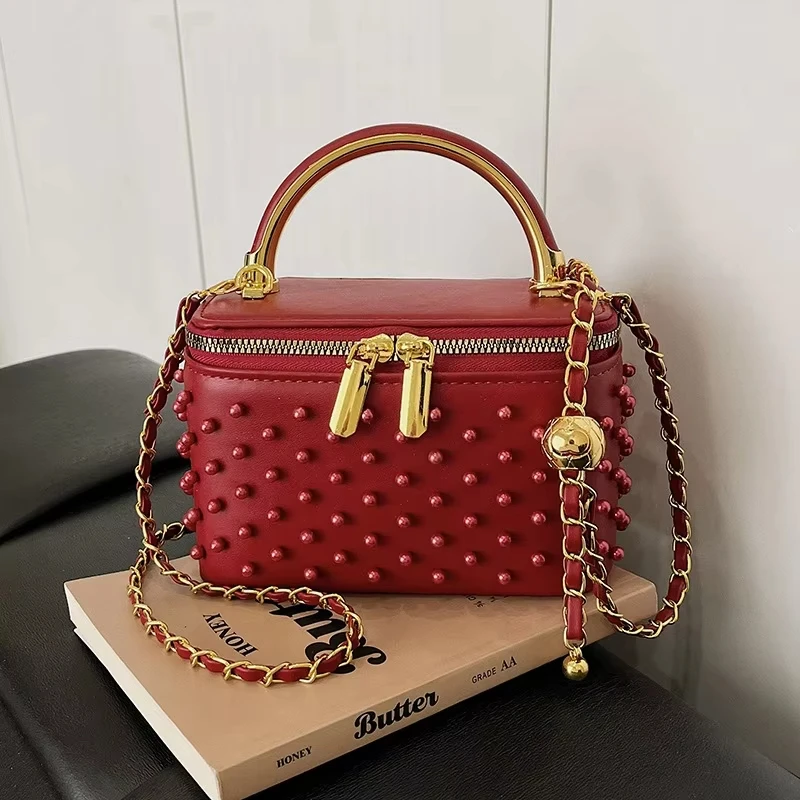 Luxury Women's Inlaid Pearls Chain Box Handbag Fashion Designer Makeup Bag High-end Party Evening Clutch Bag Crossbody Bag 6