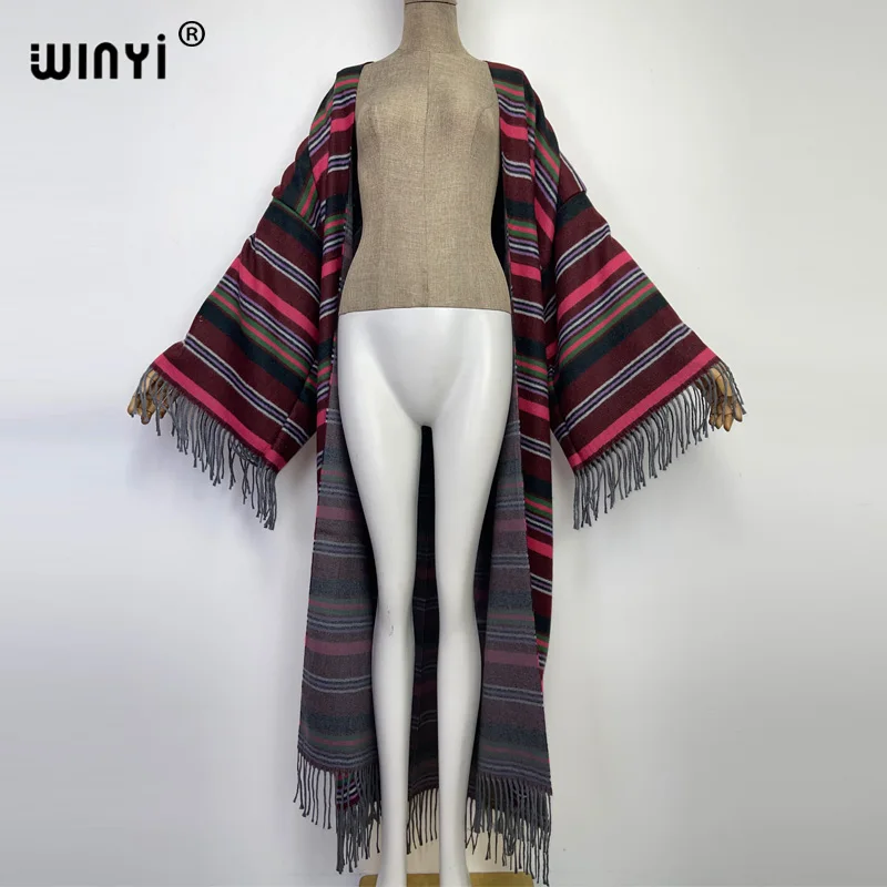 WINYI winter Women elegant Vintage Stripe printing loose Dress Full Sleeve Casual warm Thick Warm Female Christmas Coats kimono