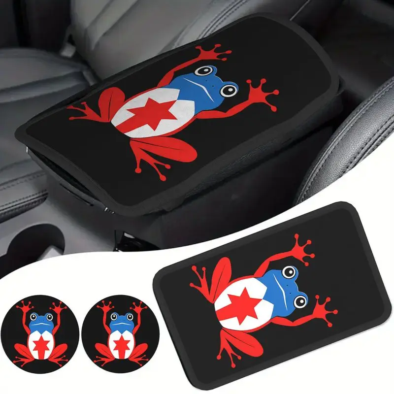 1Pc Car Armrest Cover + 2Pcs Cup Coasters Set With Star Frog Print, For Car Interior Protection And Decoration.