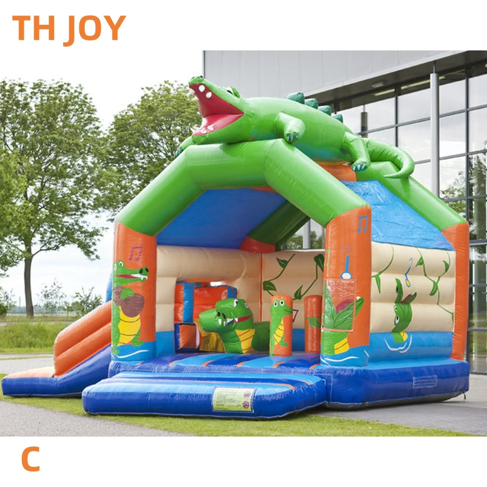 Casa hinchable de cocodrilo inflable para alquiler de fiestas comerciales, castillo hinchable de jungla personalizado con combos deslizantes para niños
