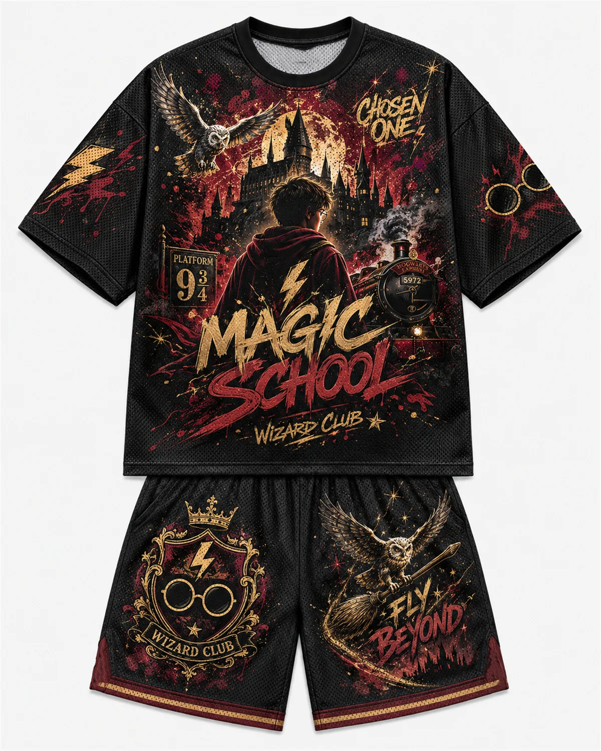 Magic School Wizard Graffiti Mesh T Shirt Shorts Set Men Women Hogwarts Themed Quick Dry Summer 2 Piece Streetwear Outfit