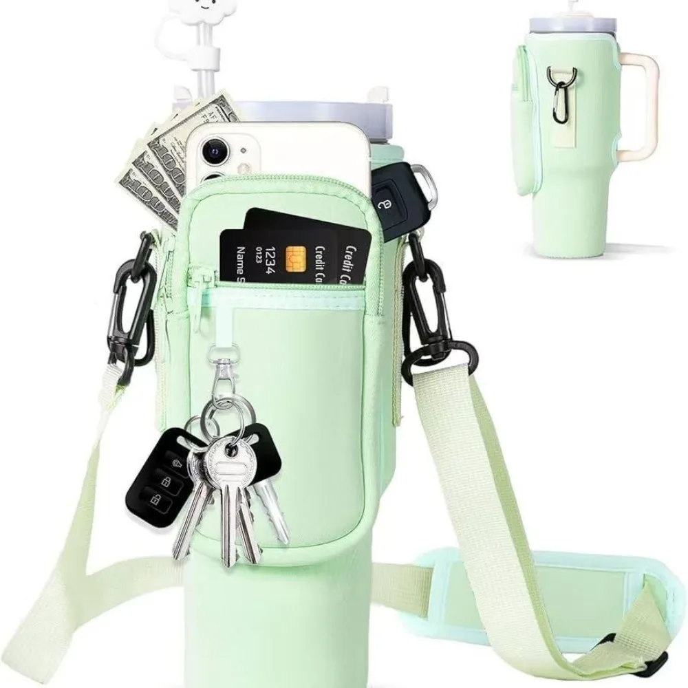 

Neoprene Water Bottle Carrier Bag Zipped Pocket Adjustable Shoulder Strap Tumbler Cup Sleeve with Key Chain Insulated Mug Cover
