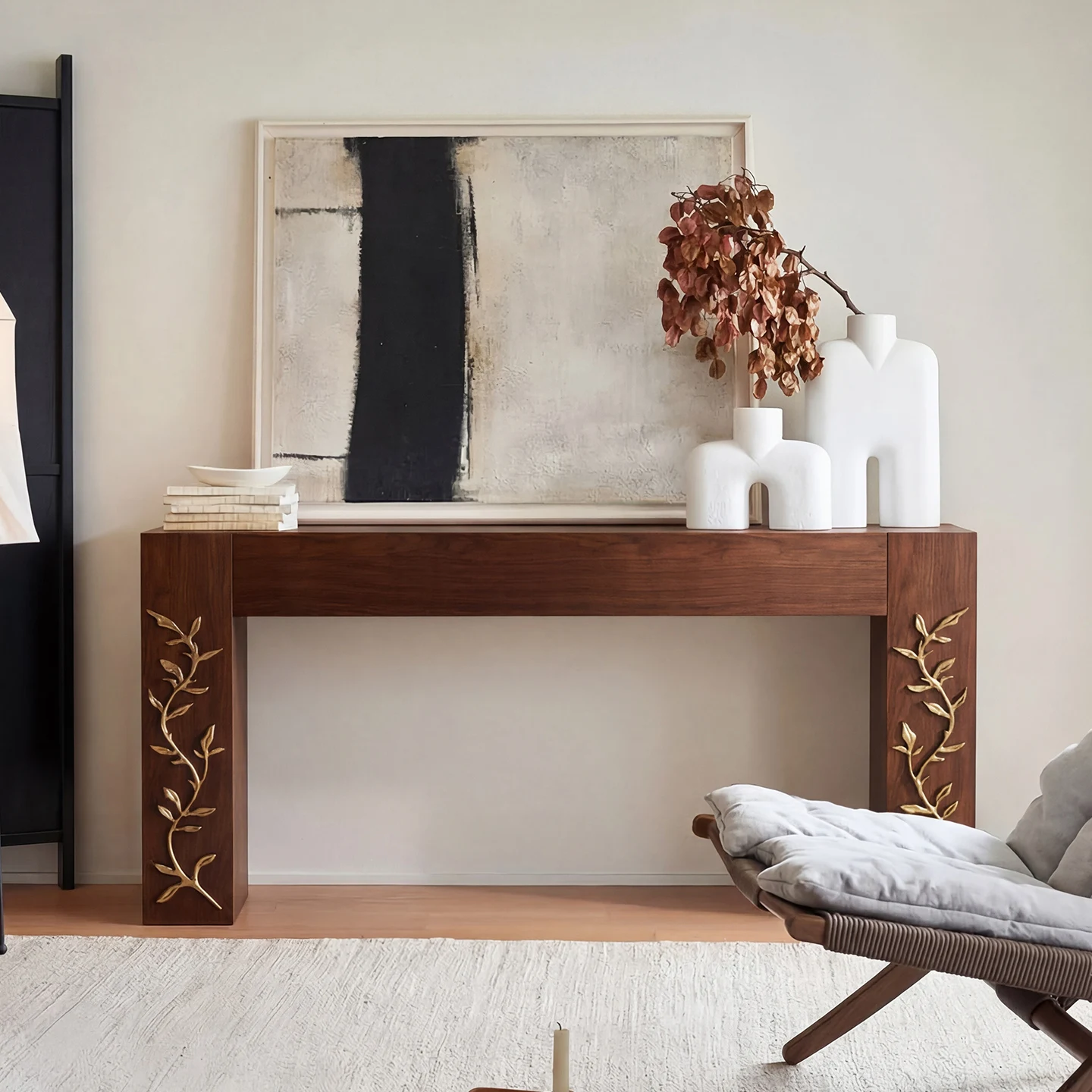 

#@Modern Luxury Wood Console Table Gold Leaf Carving Entryway Table Living Room Hotel Villa Furniture Custom Home Decor
