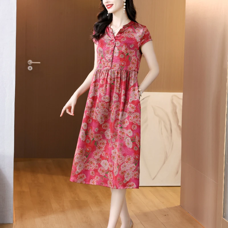 Summer Women Red Satin Vintage Luxury Bodycon Dress 2025 Office Lady Floral Silk Midi Dress Elegant Casual Night Party Vestidos