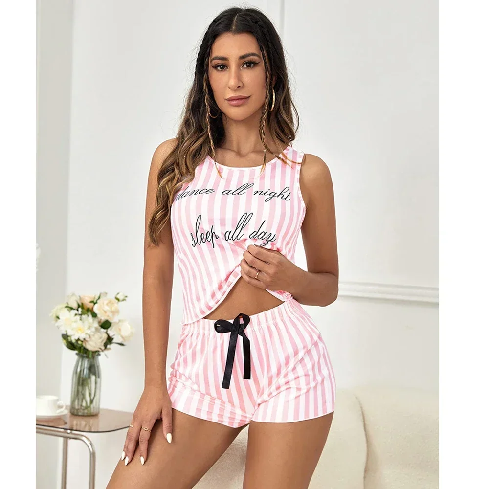 ملابس نوم نسائية مطبوعة بشريط ، بيجامات قطنية اصطناعية ، بيجامة برقبة دائرية ، توب تانك ، شورت ، ناعم ، بلا أكمام ، ملابس نوم منزلية ، الصيف ، 2 *