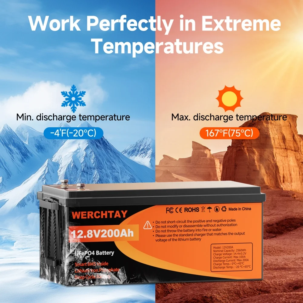 WERCHTAY LiFePO4 12V baterie s BMS 25000 cyklů 100A 200A lithiová baterie pro obytné automobily, solární systém, loď, domácnost - náhled 4