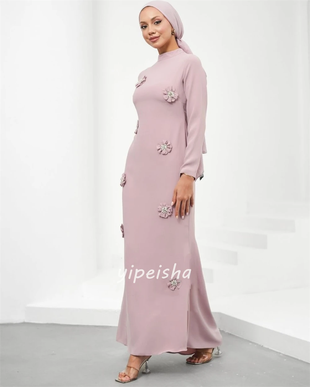 Personalizado clássico jérsei artesanal flor cristal vestidos de baile arábia saudita gola alta mangas compridas sereia vestidos de noite