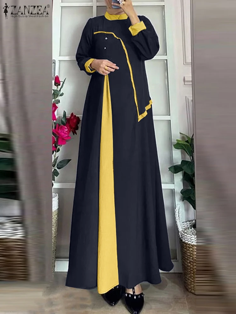 ZANZEA Long Sleeve Hijab O Neck Vestidos Color Block Eid Mubarak Women 2025 Spring Abaya Robe Casual Muslim Islamic Maxi Dress