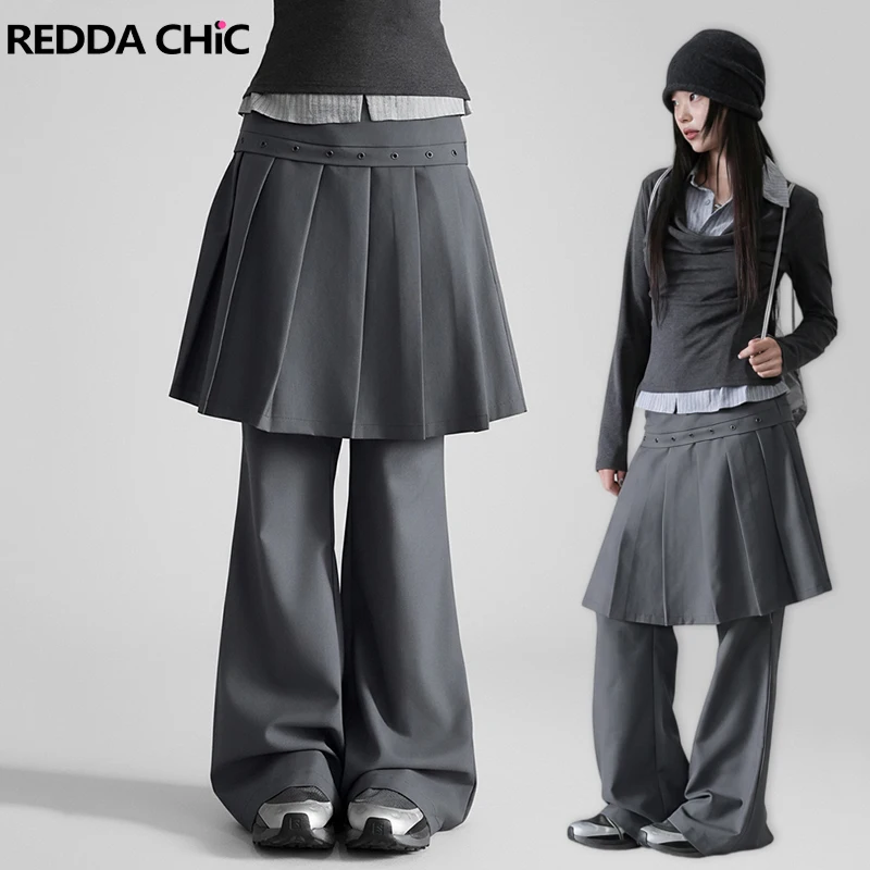 

REDDACHiC Korean Women Wrap Pants Plain Eyelet Skirt Pleated Wide Leg Casual Bootcut Low Waist Suit Trousers Grunge Streetwear